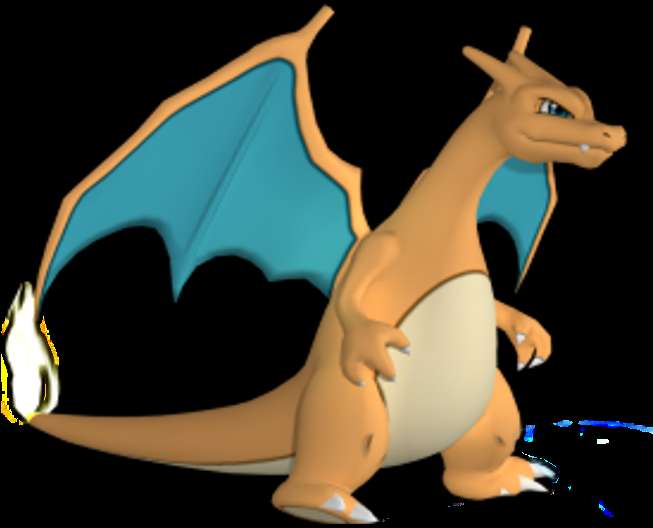 A cartoon dragon with blue wings and orange body stands against black background. — 3d Dragon Background