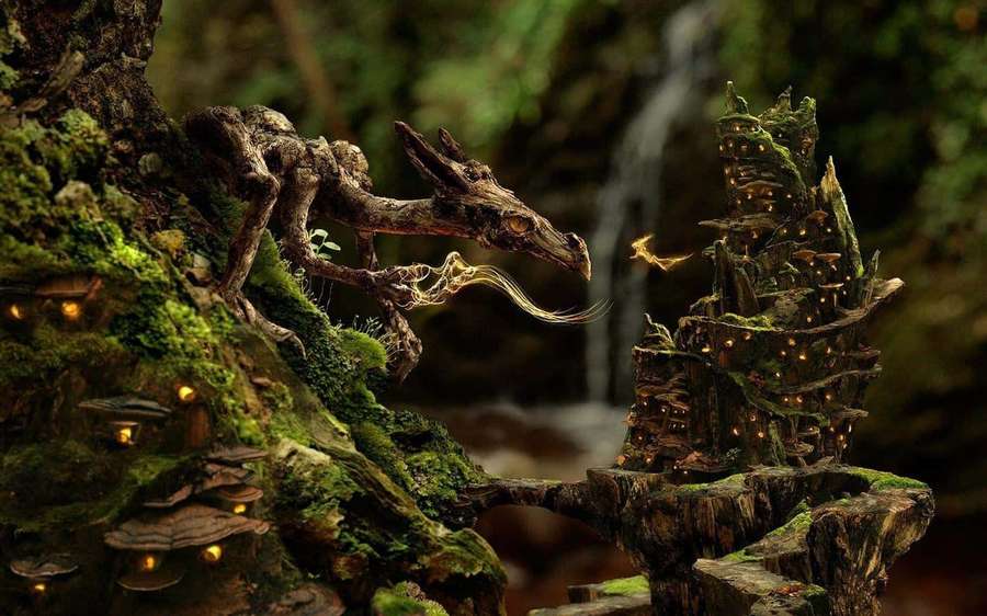 Wooden dragon breathing golden light toward glowing treehouse village by waterfall — 3d Fantasy Wallpaper