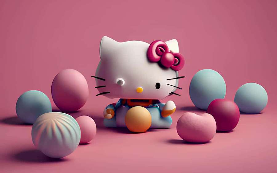 Hello-Kitty-Figur umgeben von bunten Kugeln auf rosa Hintergrund. — 3d Hello Kitty Wallpaper