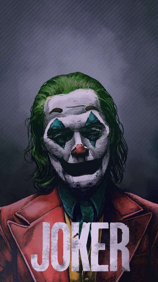 The Joker character with green hair and painted face wearing a red suit. — 3d Joker iPhone Wallpaper