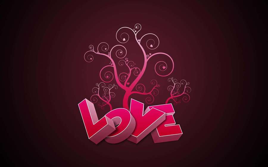 Stylized 3d pink love text with decorative vines and hearts on a maroon background. — 3d Love Wallpaper