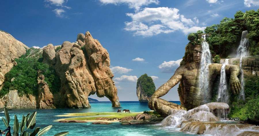 A giant stone statue with waterfalls flowing from its body in a tropical paradise. — 3d Nature Background
