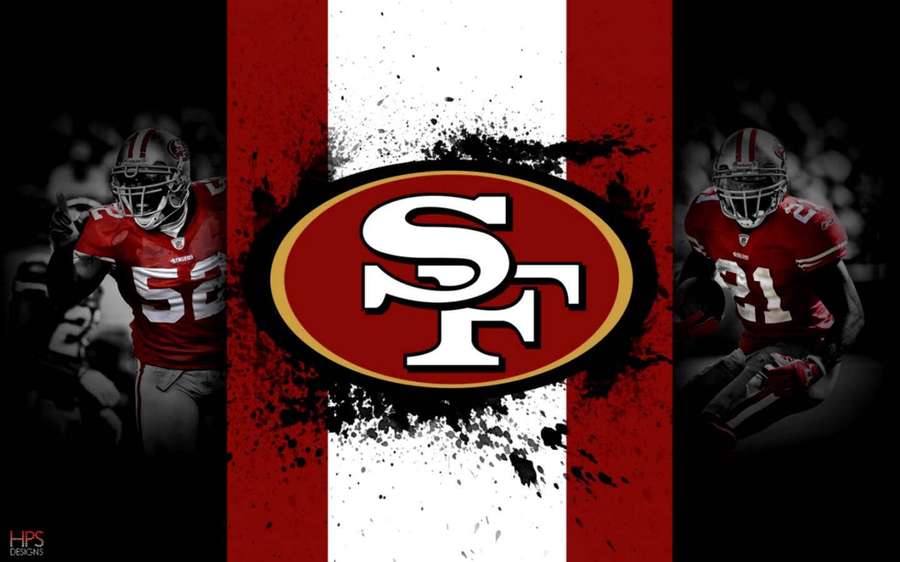 Logo della squadra di football dei San Francisco 49ers con giocatori in uniformi rosse su sfondo grunge. — 49Ers Sfondi