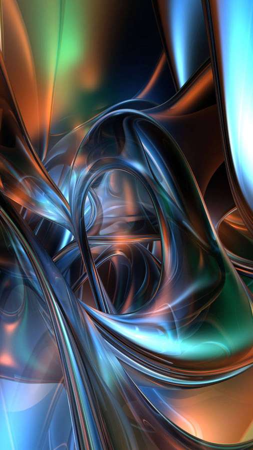 Abstrakte digitale Kunst von fließenden metallischen Bändern mit lebendigen blauen, orangen und grünen Reflexionen. — 4d Bilder