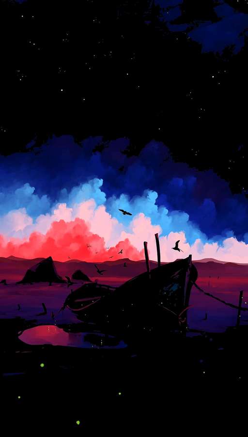 A broken boat on a dark shore under a vibrant red and blue night sky with flying birds. — 4K Amoled Background