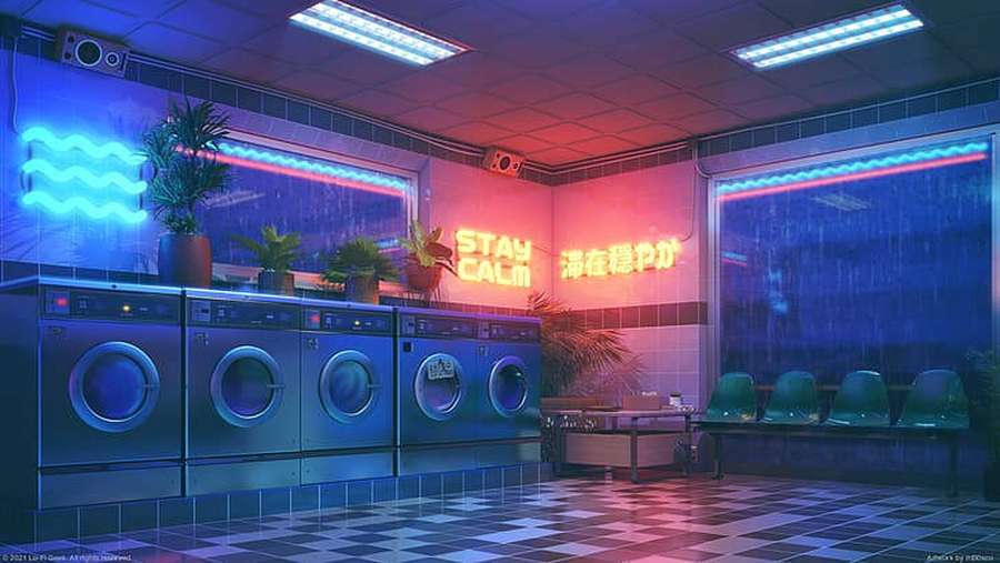 Lavanderia iluminada por neon com máquinas de lavar retrô e piso xadrez. — 4K Lo Fi Papéis de Parede