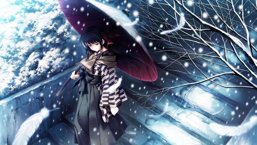 Anime girl in winter snow holding red umbrella with white feathers floating around her. — 4K Pfp Wallpaper