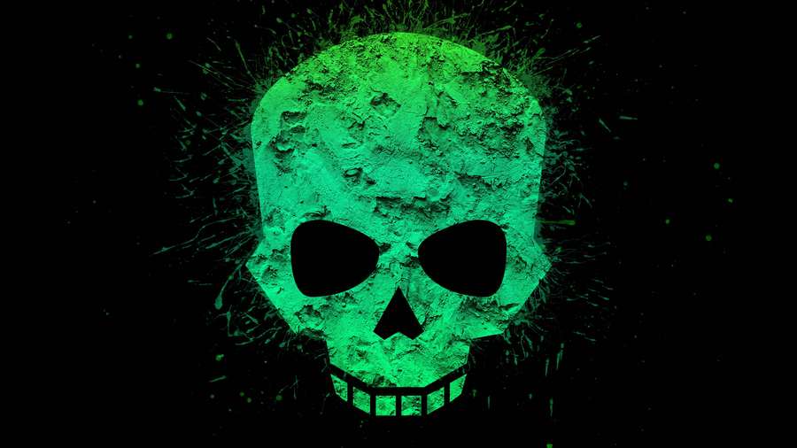 Calavera verde brillante con efecto salpicadura sobre fondo negro — 4K Verde Fondos de pantalla