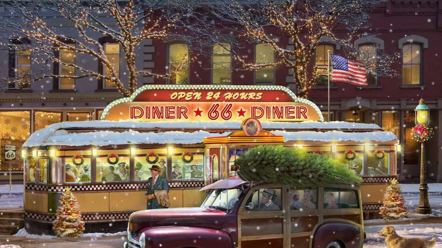 A snowy night with a vintage diner and a classic car carrying a Christmas tree. — 50s Diner Wallpaper