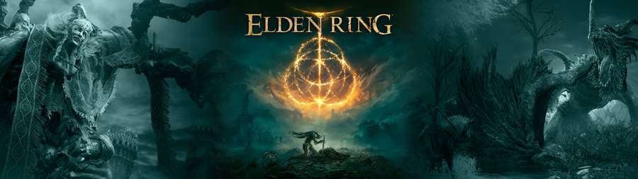 A warrior faces a glowing ring surrounded by giant statues in a dark fantasy game scene. — 5120x1440 Gaming Wallpaper