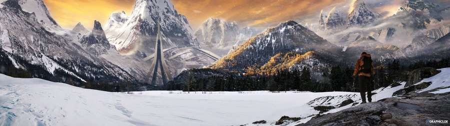 Excursionista admirando un monolito futurista en un valle montañoso nevado al atardecer. — 5120X1440 Fondos de pantalla