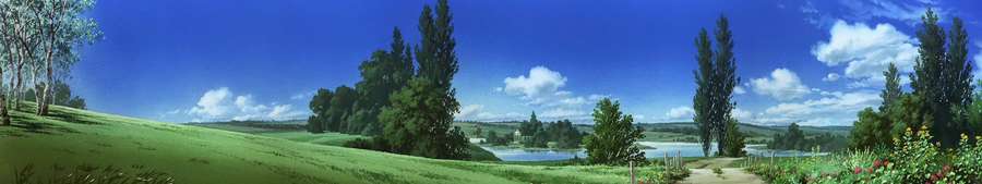 A wide green meadow with trees and a lake under a blue sky with clouds. — 5760X1080 Wallpaper