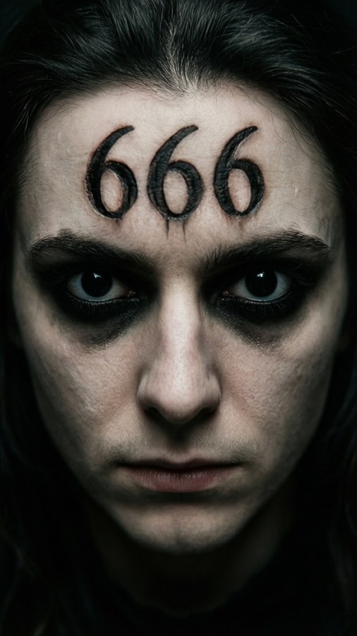 A portrait of a person with 666 carved into forehead, dark and intense. — 666 Wallpaper