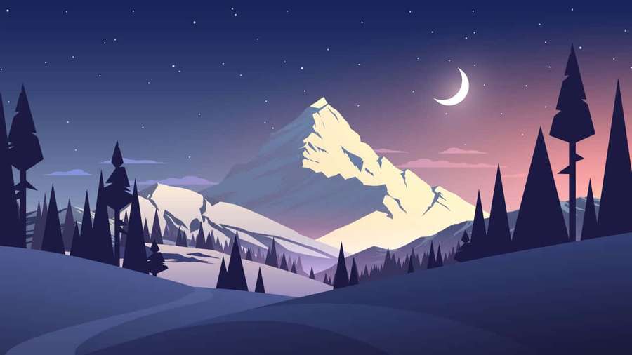 Snowy mountain under crescent moon and stars surrounded by pine trees at night. — 720p Wallpaper