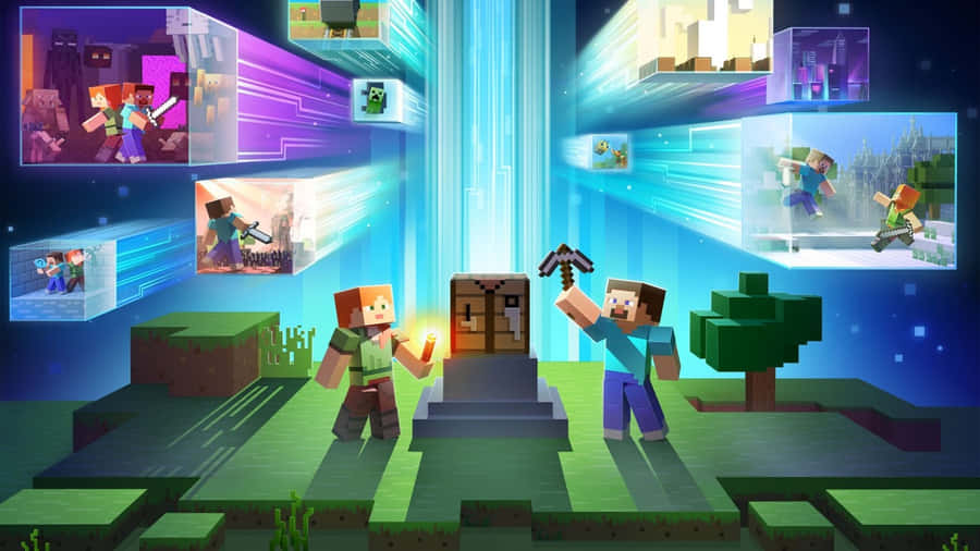 Two Minecraft characters holding tools on a blocky world with floating gameplay scenes. — 720p Minecraft Background