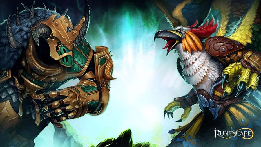 Two fantasy warriors in armor face off under a glowing green aurora. — 720p Runescape Background