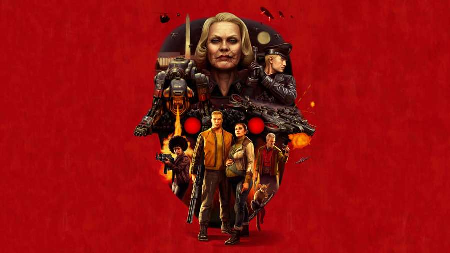 Group of armed sci-fi characters against a red background with explosions and mechanical elements. — 720p Wolfenstein Ii Background