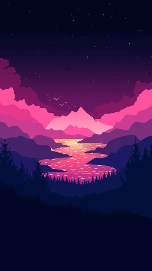 Lyserød, lilla og gylden bjergdal i tusmørket med flod og stjerner — 750x1334 Wallpapers