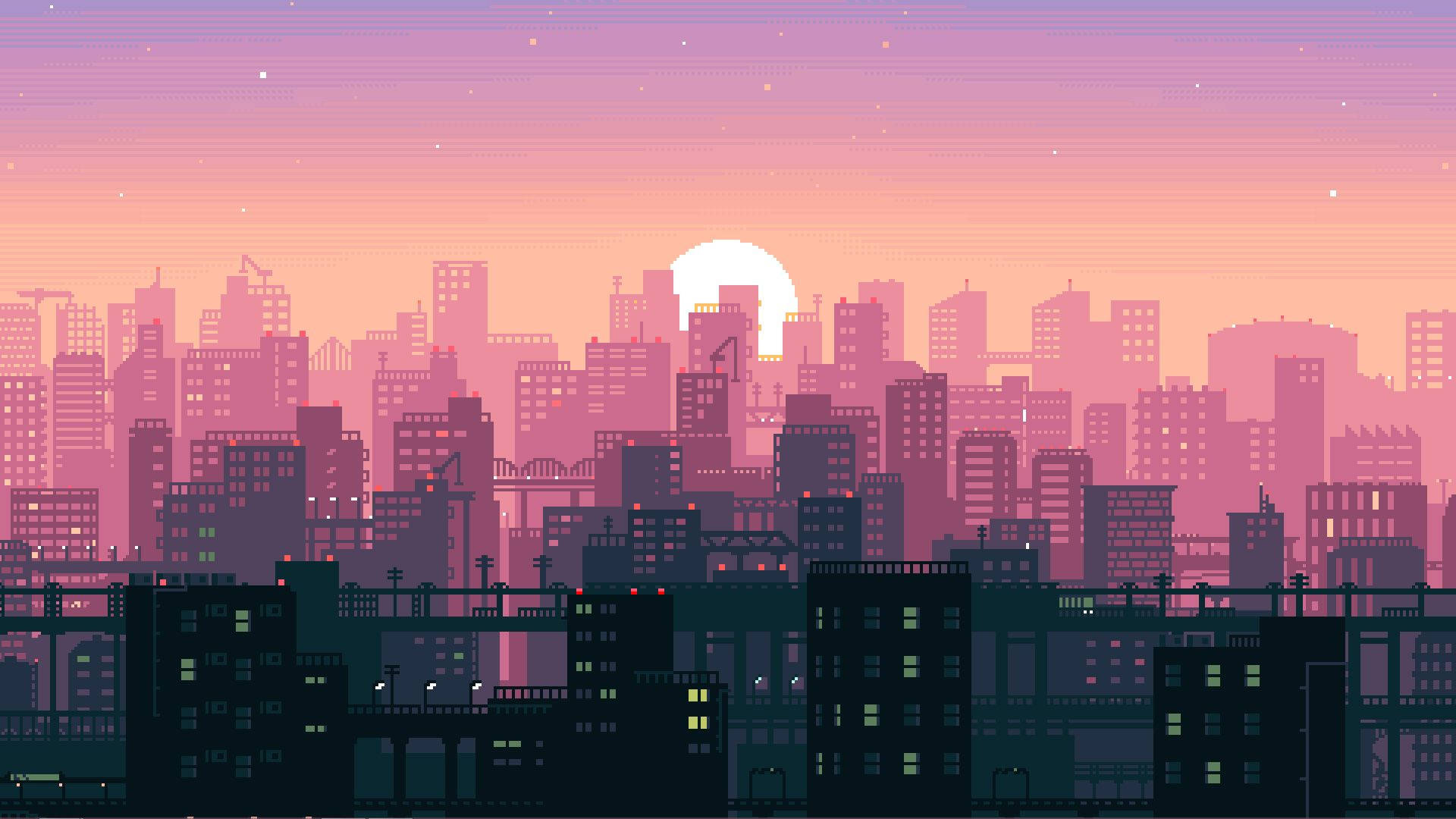 Pixeliserad stadsbild vid solnedgång med glödande fönster och en stor sol bakom byggnader. — 8 bitars bakgrund Bakgrundsbilder