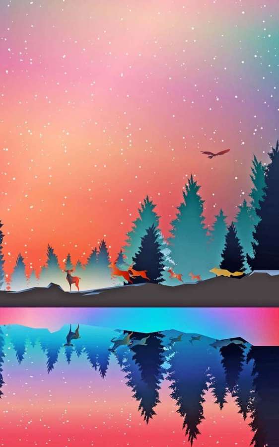 Skovsilhuet med hjorte og fugle reflekteret i vand under en farverig tusmørkehimmel. — 800x1280 Wallpapers