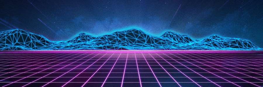 Neon grid floor leading to glowing blue digital mountains under a starry sky. — 80s Retro Wallpaper