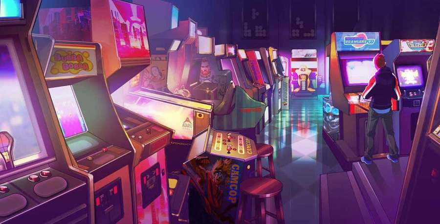 A person plays a vintage arcade game in a neon-lit arcade filled with glowing machines. — 80s Retro Arcade Wallpaper