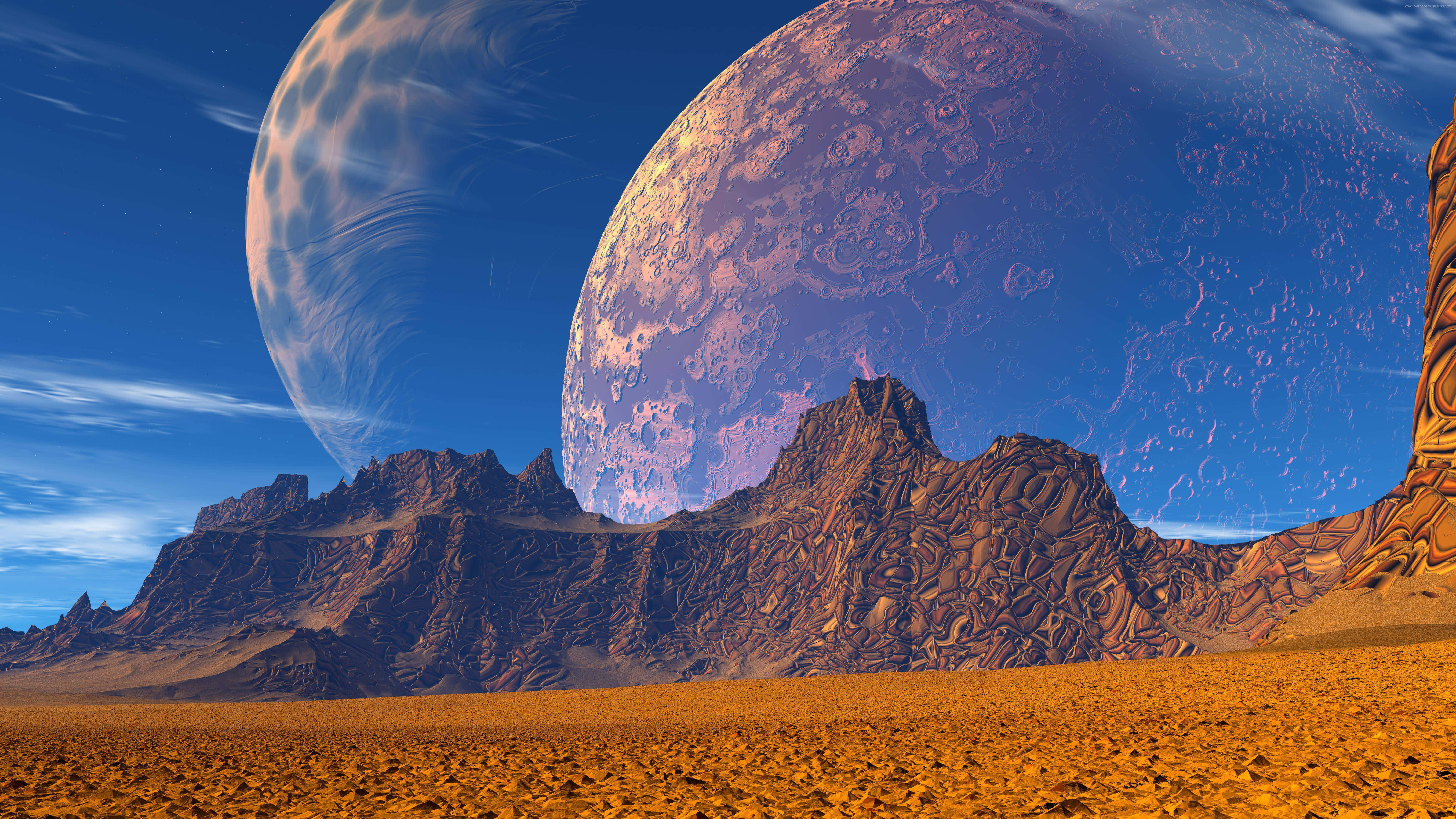 Alien desert landscape with two large moons hanging over rocky terrain. — 8K Desktop Wallpaper