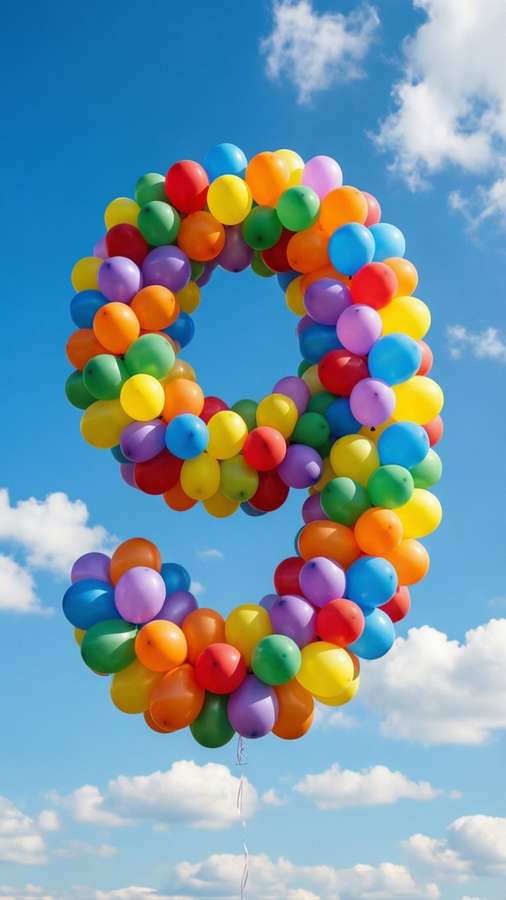Number 9 formed by colorful balloons against blue sky. — 9 Wallpaper
