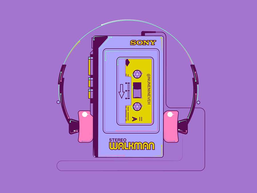Vintage Sony Walkman met roze hoofdtelefoon en gele cassetteband op paarse achtergrond. — 90s Aesthetic Achtergronden