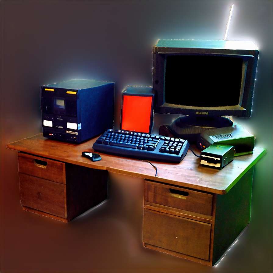 Retro computer setup with glowing edges on a wooden desk. — 90s Computer Picture
