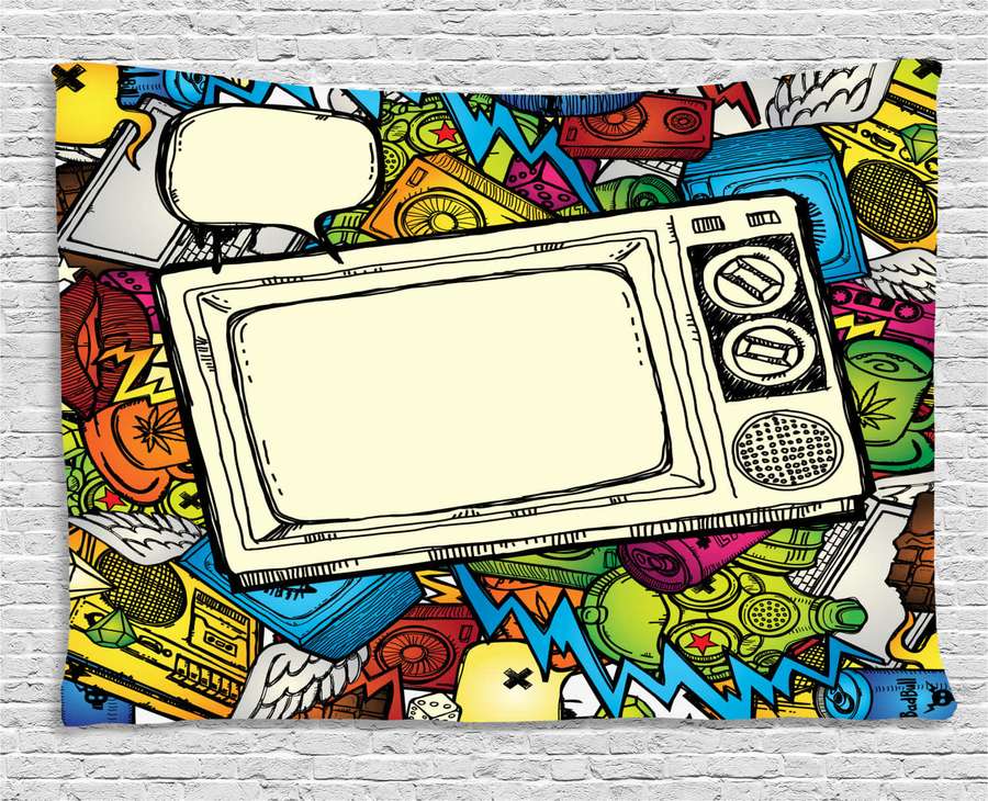 Retro microwave surrounded by colorful vintage tech doodles on a brick wall. — 90s Theme Background