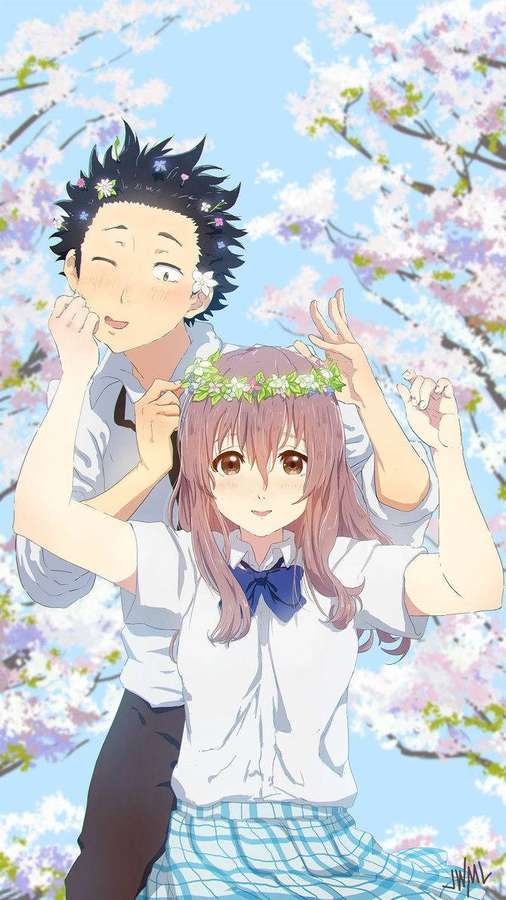 Anime couple smiling under cherry blossoms wearing school uniforms with floral crowns. — A Silent Voice Background
