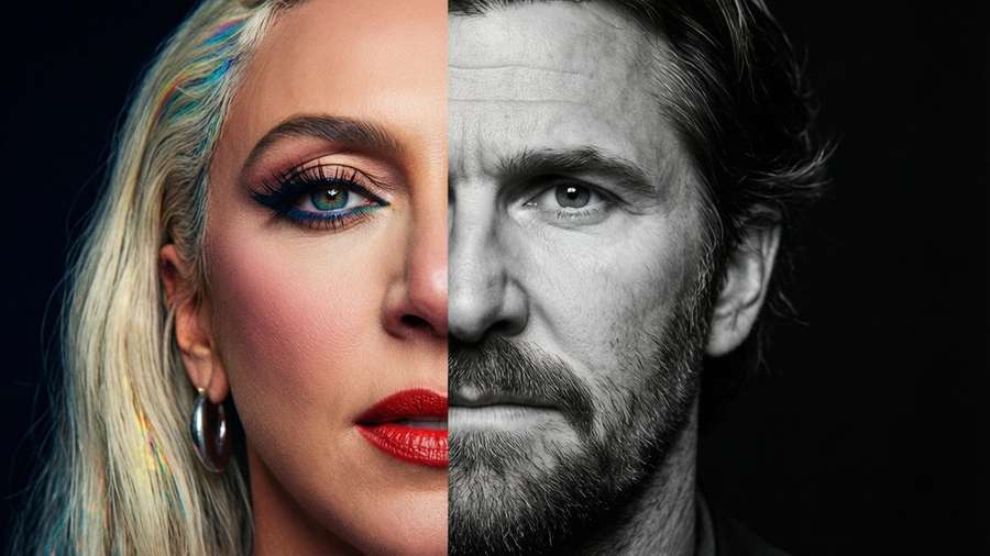 Split face composition of Ally and Jackson, artistic contrast. — A Star Is Born Wallpaper