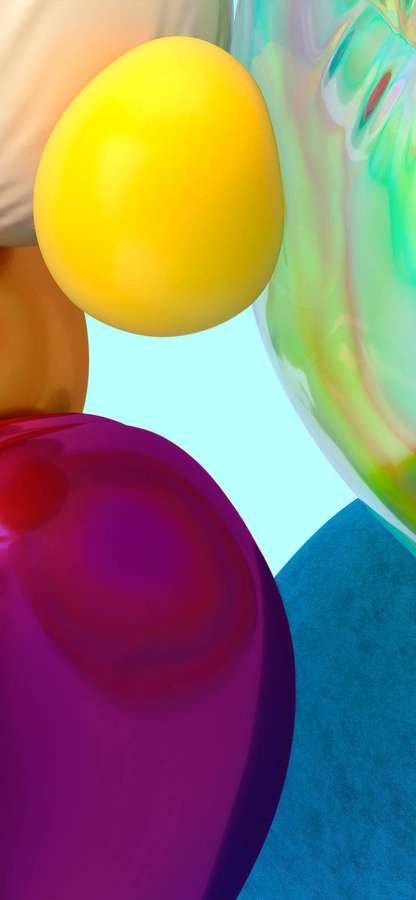 Schwebende bunte abstrakte Formen mit glänzenden Oberflächen vor einem cyanfarbenen Hintergrund. — A71 Bilder