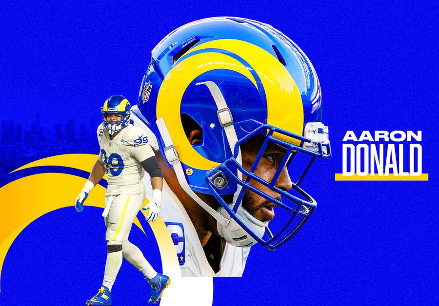 Aaron Donald in Rams football uniform with helmet graphic on blue background. — Aaron Donald Background
