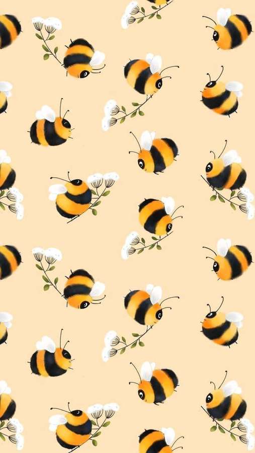 Lindas abejas de dibujos animados volando cerca de flores blancas sobre un fondo beige. — Abeja estética Imagen Fondos de pantalla