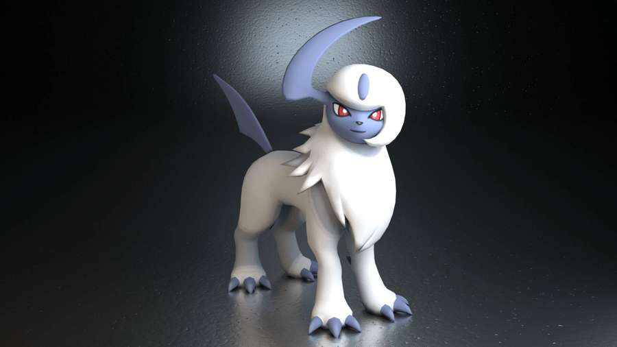 A white and blue anime-style Pokémon with red eyes stands in a spotlight against a dark background. — Absol Background