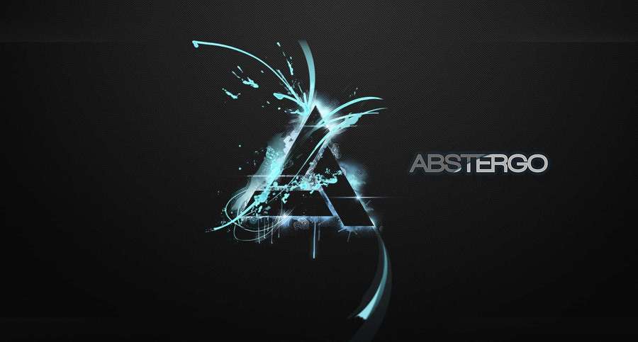 Glowing cyan abstract logo with 'ABSTERGO' text on dark background — Abstergo Wallpaper