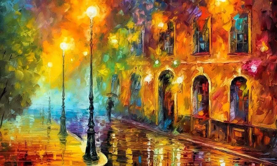 Rainy city street at night with glowing streetlights and colorful reflections on wet pavement. — Abstract Expressionism Wallpaper