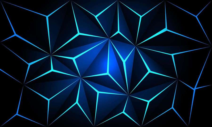 Segi geometris biru bercahaya pada latar belakang hitam — Abstract Polygon Wallpaper