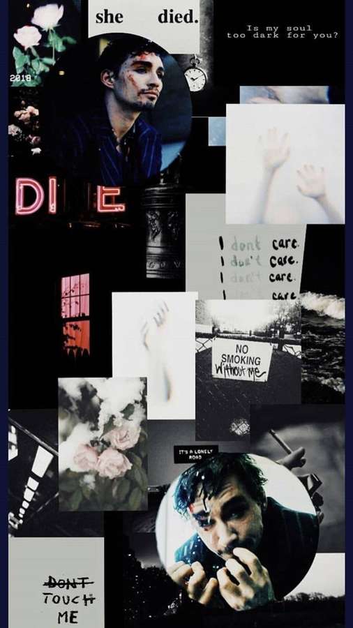 Mørk collage med billeder af ansigter, roser, ure og håndskrevne sætninger om død og ensomhed. — Academy Wallpapers