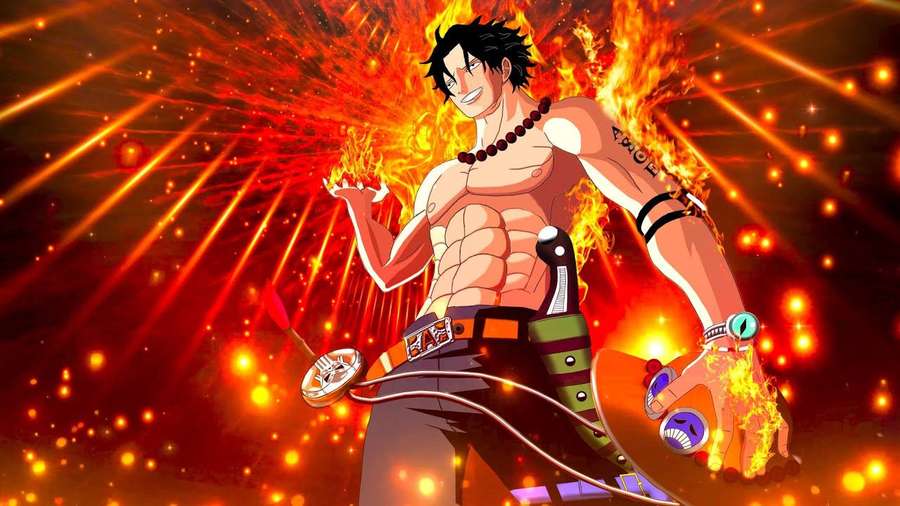 Anime character engulfed in flames with glowing particles in a fiery red background. — Ace Background