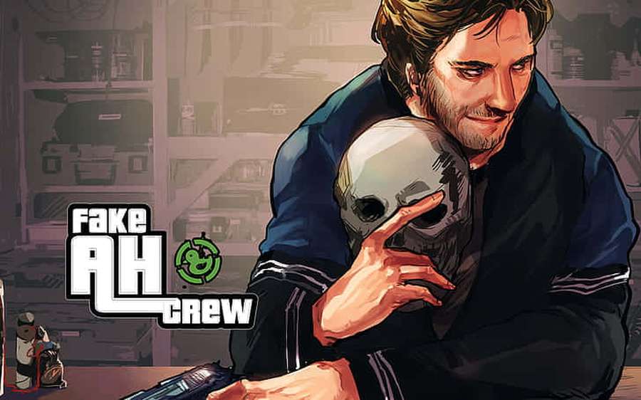 Man holding skull in cluttered room with gaming logo — Achievement hunter Wallpaper