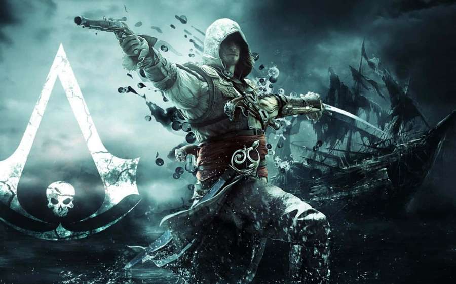 Assassin in stormy sea holding pistol and sword with ship and logo behind. — Action Wallpaper