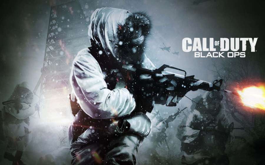 Soldier firing rifle in snowy combat scene from Call of Duty Black Ops. — Action Games Wallpaper