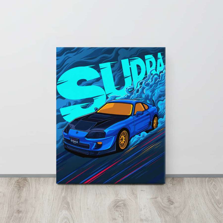 Toyota Supra azul acelerando com linhas de movimento e texto ciano negrito em uma tela. — Adeus e boa viagem Papéis de Parede