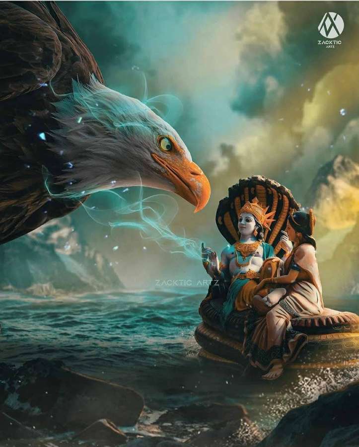 Göttliche Göttin mit Schlangenthron und Adlerbegleiter in stürmischer Meereslandschaft. — Adler Wallpaper
