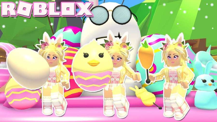 Roblox characters in Easter costumes with giant eggs and a chick in a colorful scene. — Adopt Wallpaper