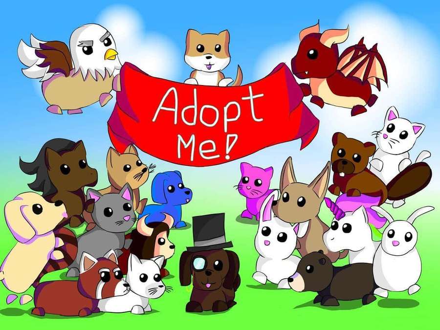 Group of cartoon animals holding a red banner that says 'Adopt Me!' — Adopt Me Background