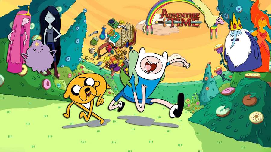 Adventure Time characters running through a candy-themed fantasy landscape with rainbow and donuts. — Adventure Time Background